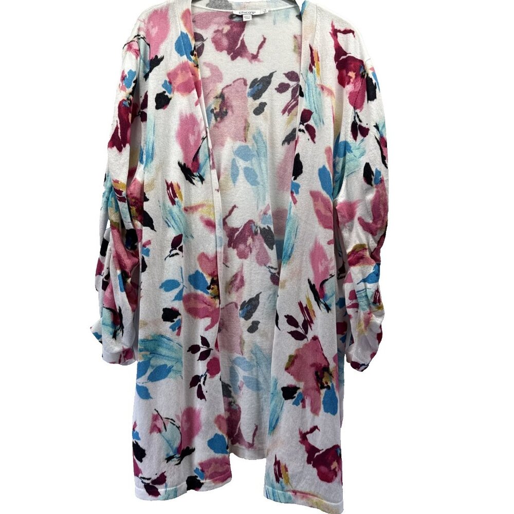 Chicos Women's Cardigan Open Size XL Colorful Floral Ruched Sleeves Knit Light